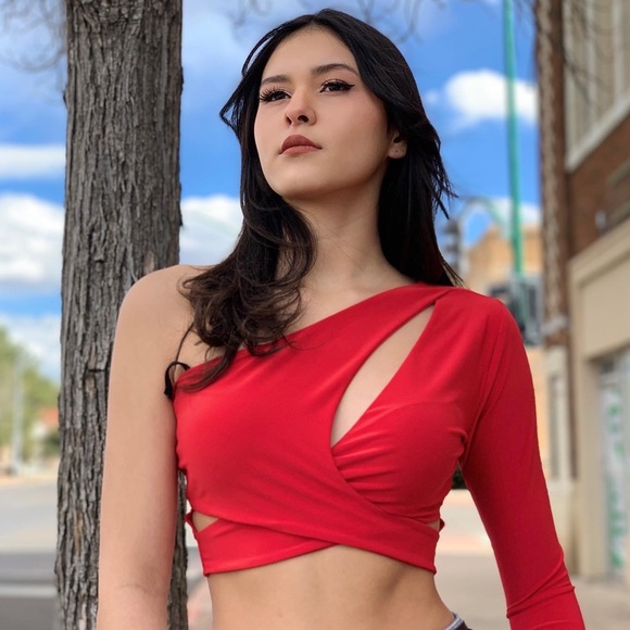 Red One Shoulder Wrap Crop Top NWT - Picture 3 of 10